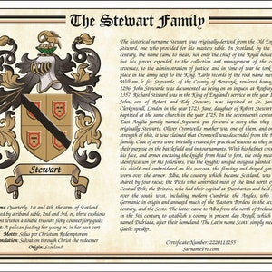 May include: A framed family crest featuring the Stewart family name. The crest includes a shield with a black diagonal stripe and three red squares, a helmet, and ornate scrollwork. Text details the family's history.