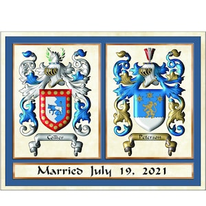 Wedding gift anniversary gift a celebration of marriage with married on date includes two surname family crest coat of arms.