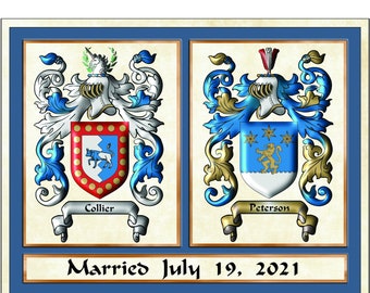 Wedding gift anniversary gift a celebration of marriage with married on date includes two surname family crest coat of arms.