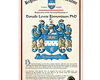 Registered Certified Armorial Family Name Crest Arms Certificate Custom Design College Arms Heraldry Origin Grant of Arms by SurnamePro.com
