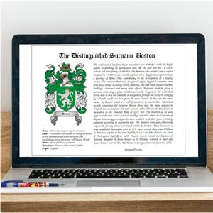 Digital Download family name crest and surname history including coat of arms. Budget buy low price download. Print as many as you like.