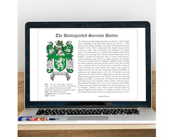 Digital Download family name crest and surname history including coat of arms. Budget buy low price download. Print as many as you like.