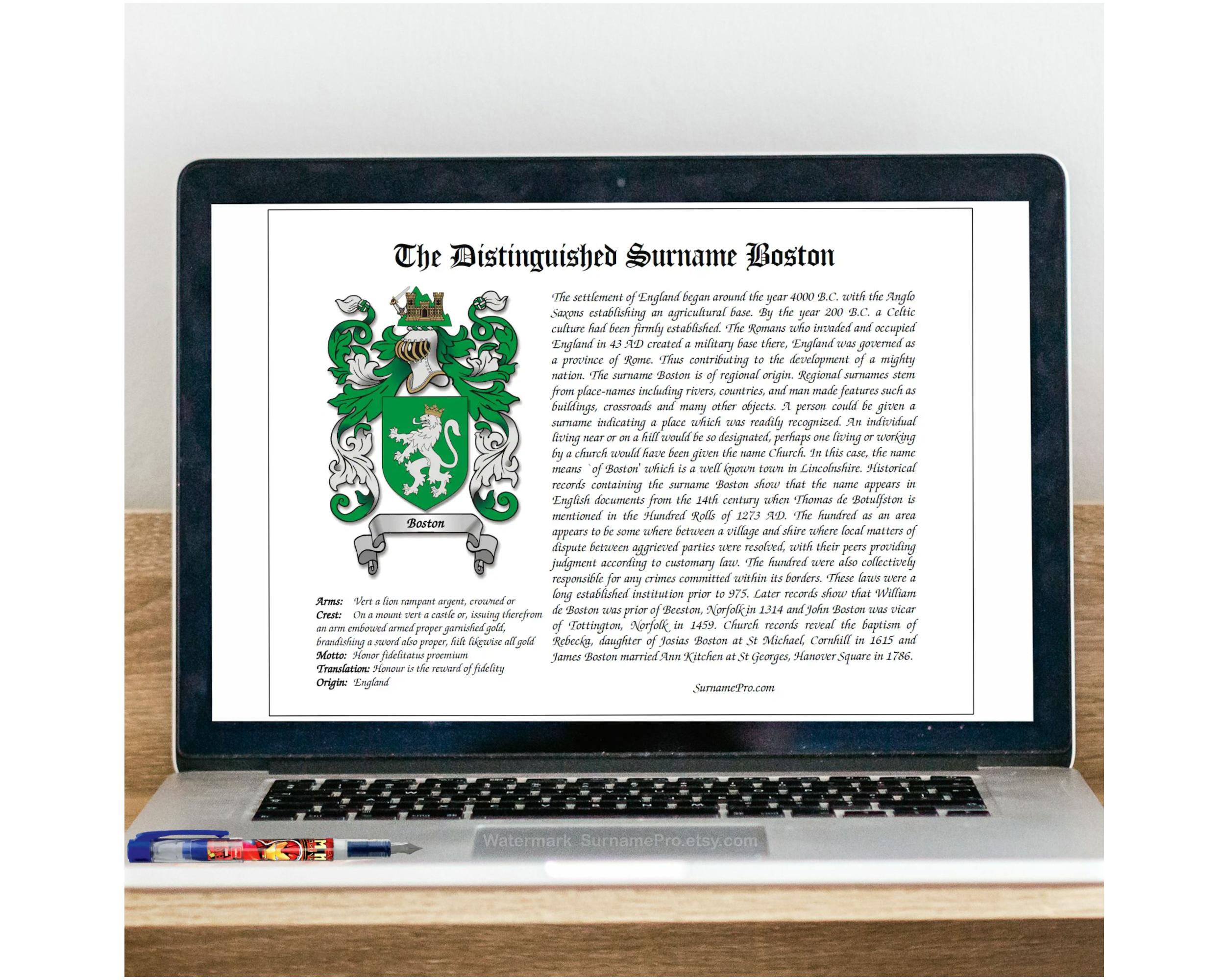 Digital Download Family Name Crest and Surname History