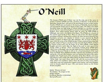 Irish family name with coat of arms and family crest. This specialty reproduction is available nowhere else. Custom made.