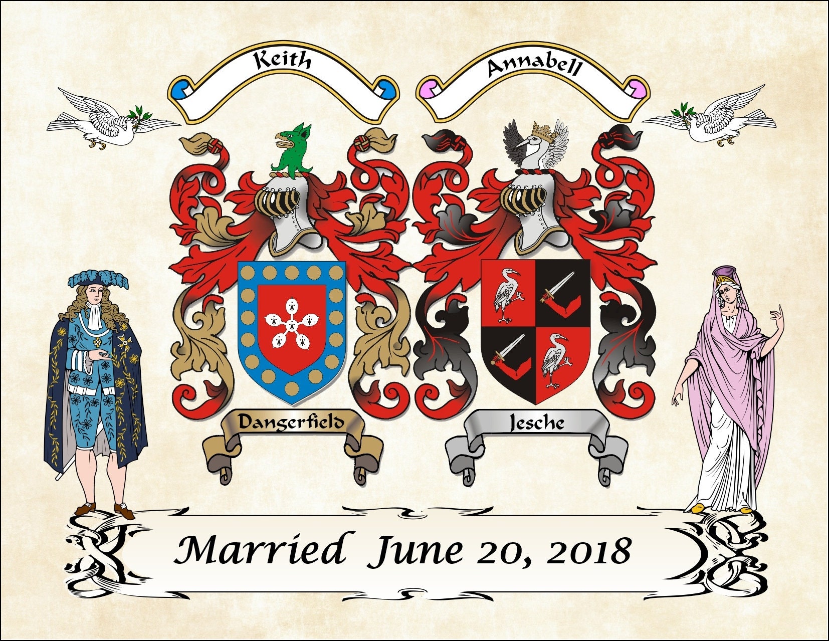 Engagements Wedding Marriage Personalised Coat of Arms Surname Double Print 