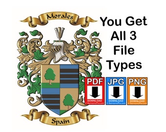 Custom personalized family name origin coat of arms and crest featuring enhanced graphics of archived surname origin herladry.