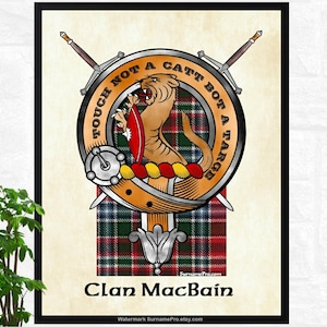Framed Scottish Clan Badge with Tartan. Tartans are scanned from cloth - badge is digital art based on historical records.