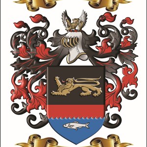 Custom personalized family name origin coat of arms and crest featuring enhanced graphics of archived surname origin herladry. image 3