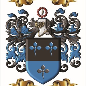 Custom personalized family name origin coat of arms and crest featuring enhanced graphics of archived surname origin herladry. image 9