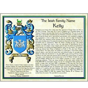 Irish only family name history with coat of arms and family crest. This speciality reproduction is available nowhere else. Custom made.