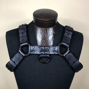 All black leather bulldog harness
