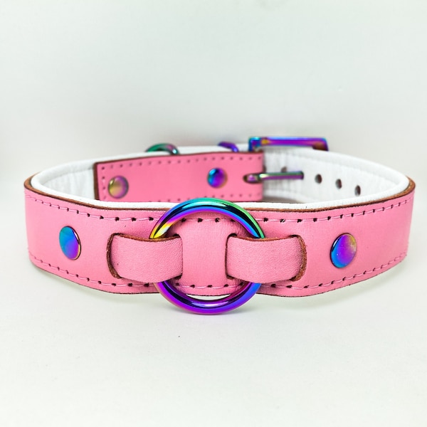 Pink leather collar with iridescent hardware