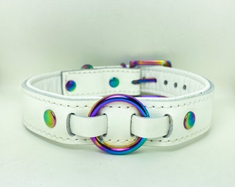 White leather collar with iridescent hardware