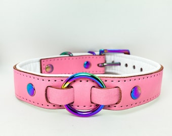 Pink leather collar with iridescent hardware
