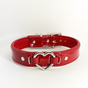 Red patent leather collar with silver heart