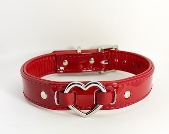 Red patent leather collar with silver heart