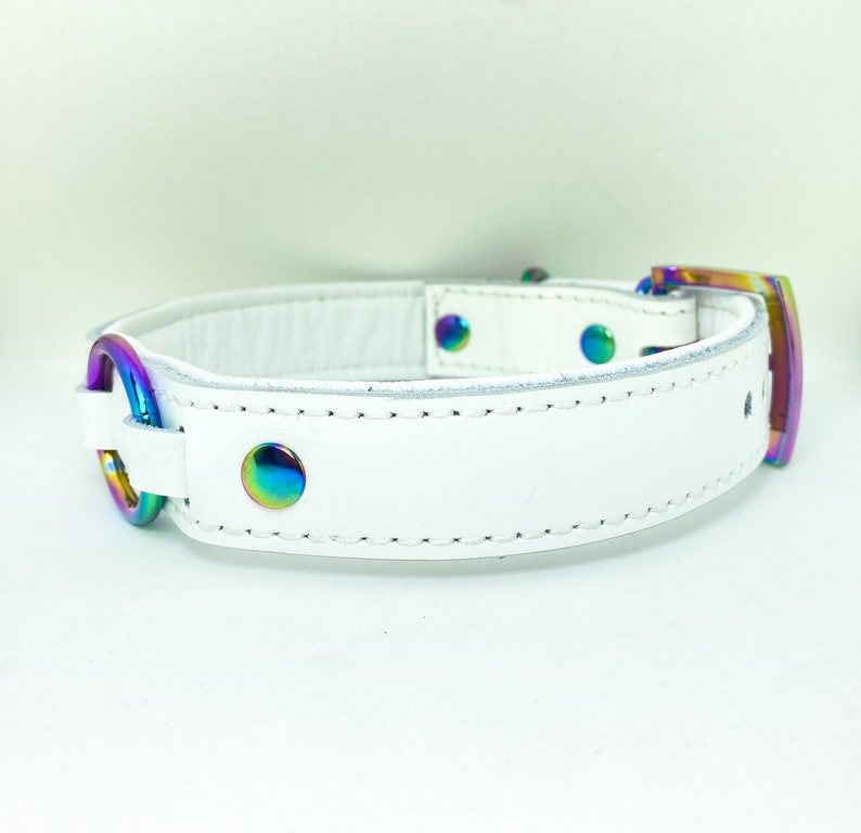 White leather collar with iridescent hardware image 2