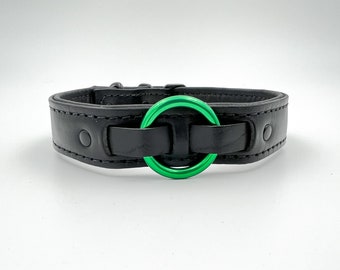 Black leather choker/collar with green ring