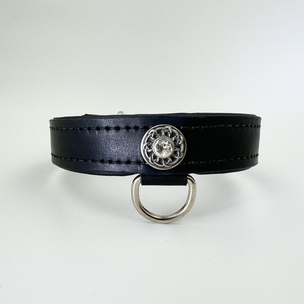 Black leather collar/choker celtic design clear rhinestone