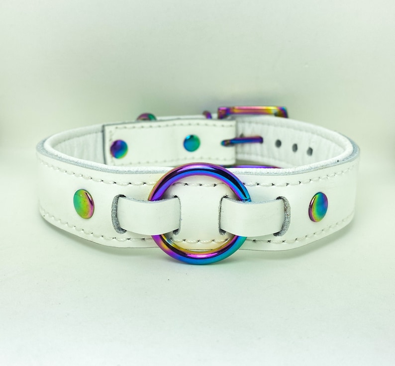 White leather collar with iridescent hardware image 1