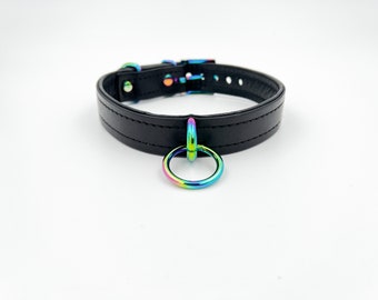 Black leather collar with iridescent loop and ring and hardware