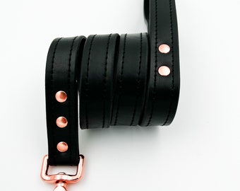 Black leather leash with all rose gold hardware