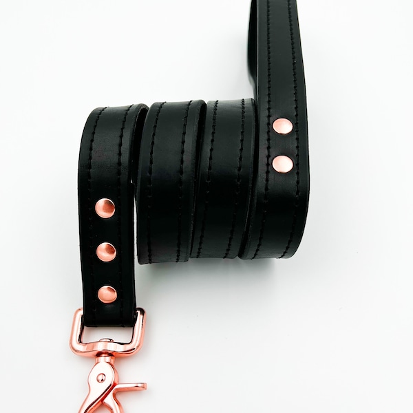 Black leather leash with all rose gold hardware