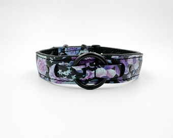 Floral print black leather choker/collar