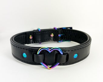 Black leather iridescent heart collar/choker