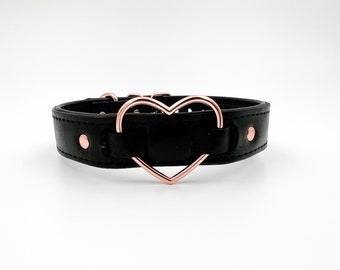 All black leather choker/collar with rose gold heart and hardware