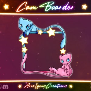 May include: A pink and blue cartoon frame with stars and two cartoon characters, a pink and a blue cat, on a dark purple background with the text "Cam Boarder" and "Aris Ignis Creations".