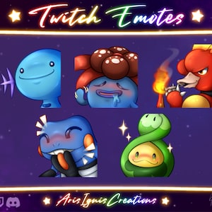 Puede incluir: Un conjunto de seis emotes de Twitch con personajes de dibujos animados con diferentes expresiones. Los emotes están sobre un fondo azul oscuro con estrellas y un borde de color rosa neón, amarillo y azul. El texto "Twitch Emotes" está escrito en letras de color rosa neón, amarillo y azul en la parte superior de la imagen.