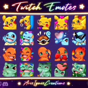 Może przedstawiać: Zestaw 18 emotikon Twitch przedstawiających różne postacie Pokemonów w różnych pozach i wyrażeniach. Emotikony są zaprojektowane w stylu kreskówkowym z jasnymi kolorami i zabawnymi detalami. Emotikony są ułożone w siatkę z neonowym różowym i niebieskim obramowaniem. Tekst "Twitch Emotes" jest wyświetlany u góry obrazu. Tekst "Aris Ignis Creations" jest wyświetlany u dołu obrazu.