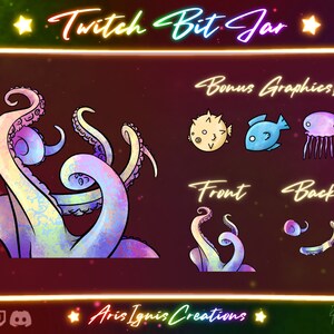May include: A digital illustration of a colorful octopus with a swirling pattern. The octopus is in a jar with the text "Twitch Bit Jar" at the top. The image also includes bonus graphics of a pufferfish, a fish, and a jellyfish.