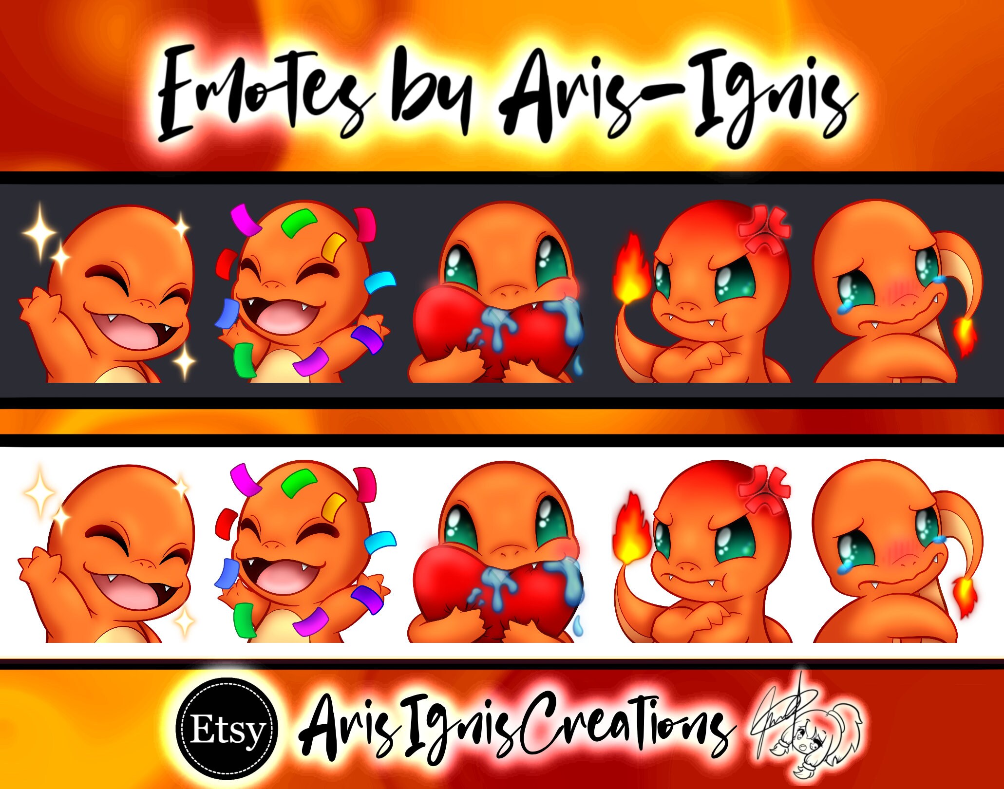 Fire Starter Pokemon Charmander emote set Drawing & Illustration Digital
