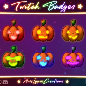 May include: Six glowing jack-o'-lantern Twitch badges with different facial expressions and neon colors. The badges are arranged in two rows of three. The text "Twitch Badges" is at the top of the image.