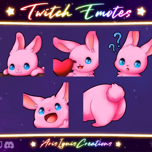 Pink Bunny Emotes: Lauern, Liebe, Verwirrt, Glücklich, Booty - Süßes Kaninchen Twitch / Discord Emotes