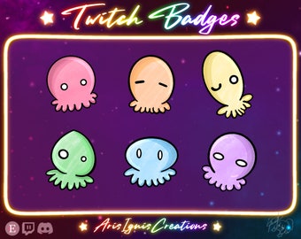 May include: Six colorful cartoon octopus Twitch badges with different expressions. The badges are in a grid pattern on a purple background with stars.