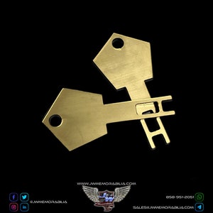 May include: Two gold-colored metal keys with a unique design. The keys are shaped like a house and a keyhole. The keys are on a black background.