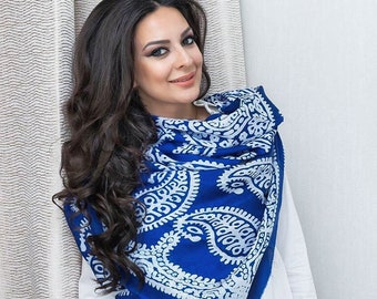 Royal Blue & White Pure silk scarf from Azerbaijan