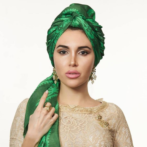Green and Emerald Kelagayi Azerbaijani Handmade Pure Silk Scarf