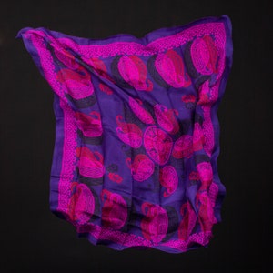 Purple Kelagayi with Bright Pink, Red & Black Buta patterns Silk scarf