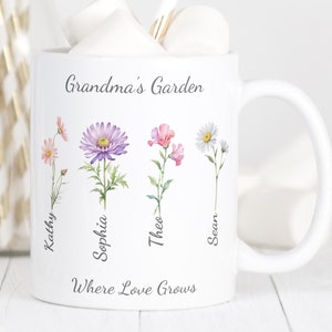 Omas Garten personalisierte Tasse | Benutzerdefinierte Geburtsblumen und Namen | Personalisierte Oma Tasse | Geschenk für Oma