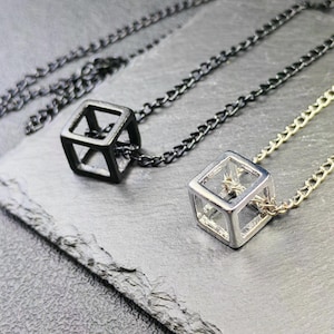 Geometric Cube Pendant Necklace – Stainless Steel, 60cm Chain, Black or Silver Finish, Minimalist Hollow Design