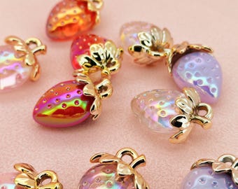 Cute Strawberry Acrylic Pendant Charm for DIY Keychains Bracelets Iridescent Transparent Crystal with Gold Top