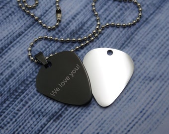 Personalized Engrave Text Font Memorial Guitar Pick, Custom Stainless Steel Dog Tag Music Necklace or Keychain, Unique Military Style Gift