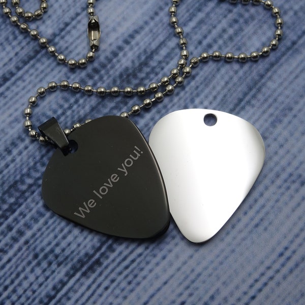 Personalized Engrave Text Font Memorial Guitar Pick, Custom Stainless Steel Dog Tag Music Necklace or Keychain, Unique Military Style Gift