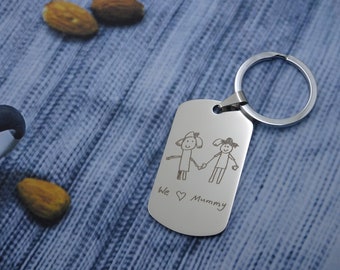 Personalized Kid & Child Art, Kid's Drawing Dog Tag Keychain,Necklace Jewelry Custom Kid's Handwriting Engraved Gift to Dad,Mom,Grandparents