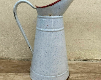 Jarra de agua de esmalte francés vintage, blanca con borde rojo, de Graniteware, 08112010