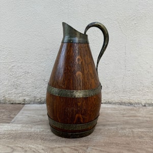 Vintage French Wooden Wine Cider Jug Pitcher Staved Wood Metal 9 3/4&quot; 22072416
